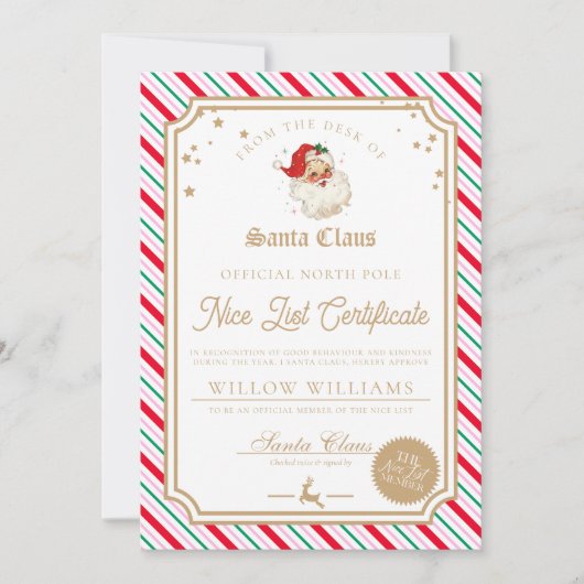 Kerstelijke Streep Nice List Certificaatkaart Kaart (Voorkant)