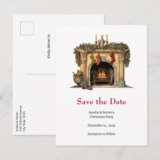 Kerstelijke Victorian Haard Save the Date Aankondigingskaart (Voorkant / Achterkant)