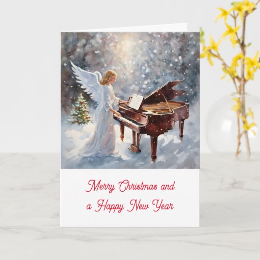 Kerstengel achter de piano kaart (Gele Bloem)