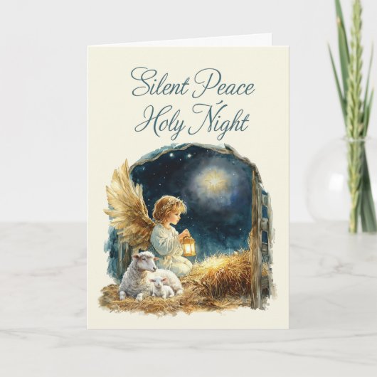 Kerstengel bij Manger Silent Peace Holy Night Kaart (Voorkant)