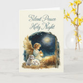 Kerstengel bij Manger Silent Peace Holy Night Kaart (Gele Bloem)