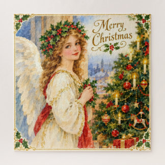 Kerstengel en kerstboom in vintage stijl legpuzzel