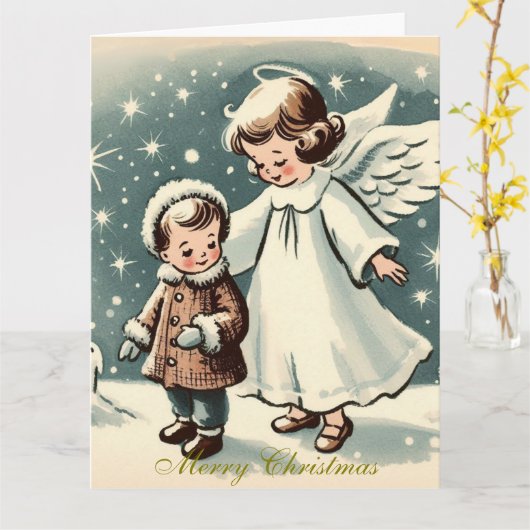 Kerstengel en kind uit de oude doos kaart (Gele Bloem)