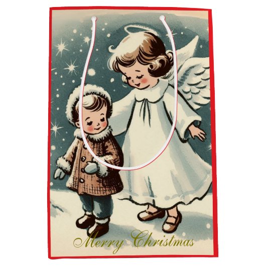 Kerstengel en kind uit de oude doos medium cadeauzakje (Voorkant)