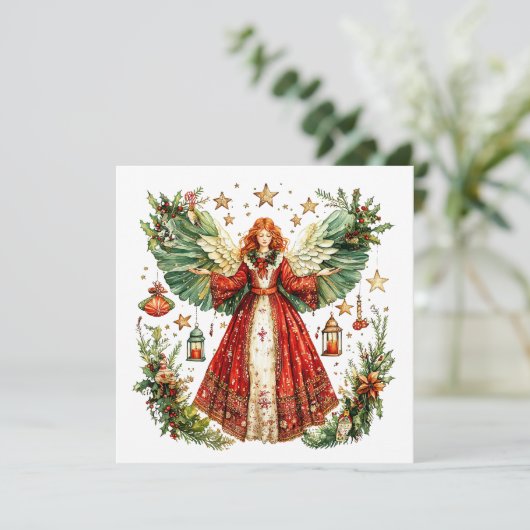 Kerstengel en verlichte lantaarns met kaarsen feestdagenkaart (Staand voorkant)