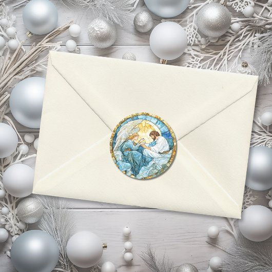 Kerstengel Gebrandschilderd Glas Kerstmis Blauw Ronde Sticker