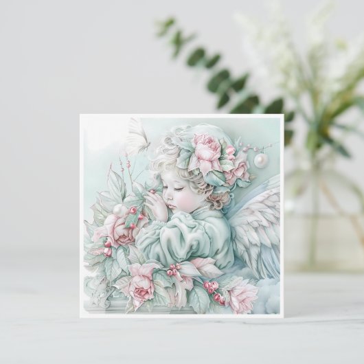 Kerstengel in pastel uit vroeger tijden feestdagenkaart (Staand voorkant)