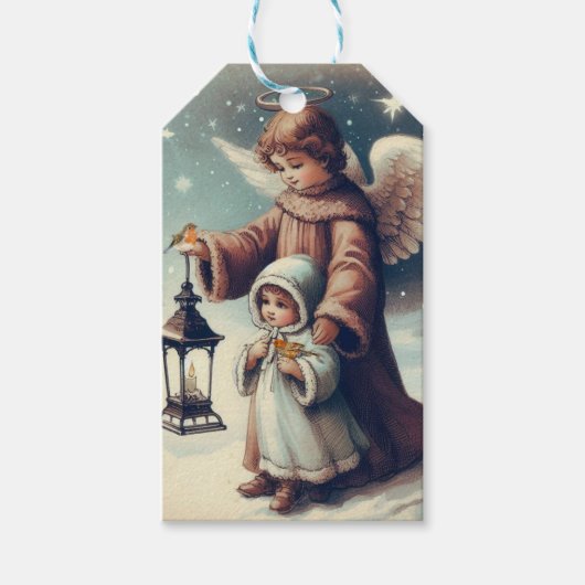 Kerstengel, kind en vogels uit vroeger tijden cadeaulabel (Voorkant)