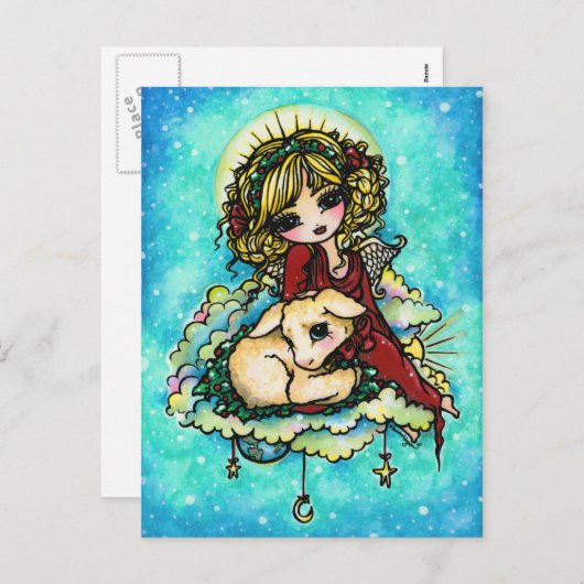 Kerstengel Lamb Snow Fantasy Art Briefkaart (Voorkant / Achterkant)