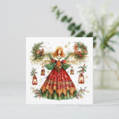 Kerstengel met bessen & snoepstok & speelgoed feestdagenkaart (Staand voorkant)