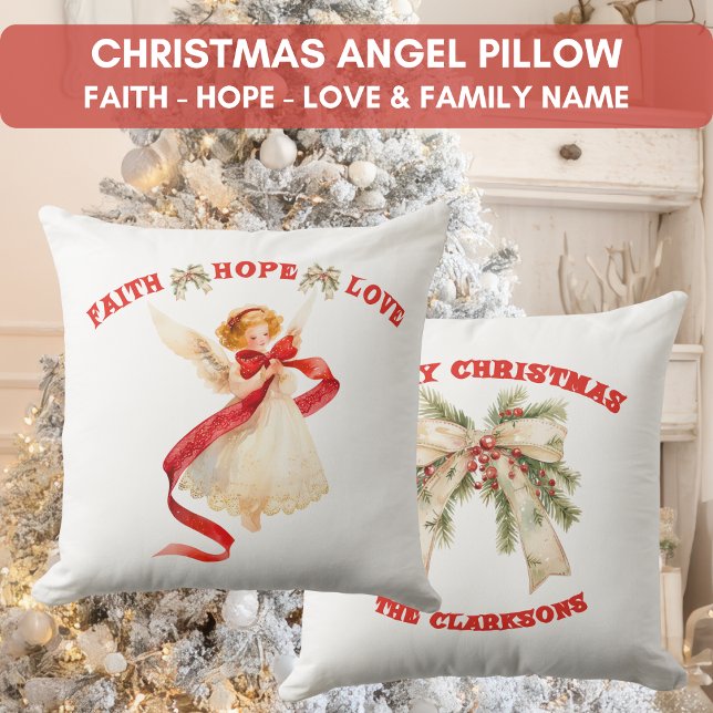 Kerstengel met familienaam kussen (Christmas Angel with Family Name Throw Pillow)
