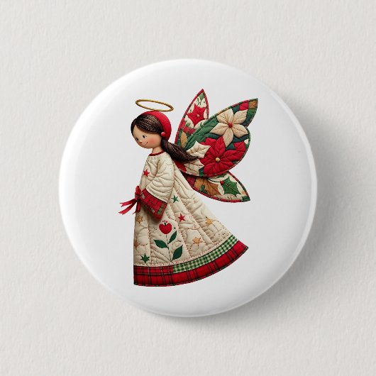Kerstengel met feestelijke bloemen ronde button 5,7 cm (Voorkant)