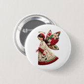 Kerstengel met feestelijke bloemen ronde button 5,7 cm (Voorkant /achterkant)