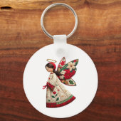 Kerstengel met feestelijke bloemen sleutelhanger (Achterkant)
