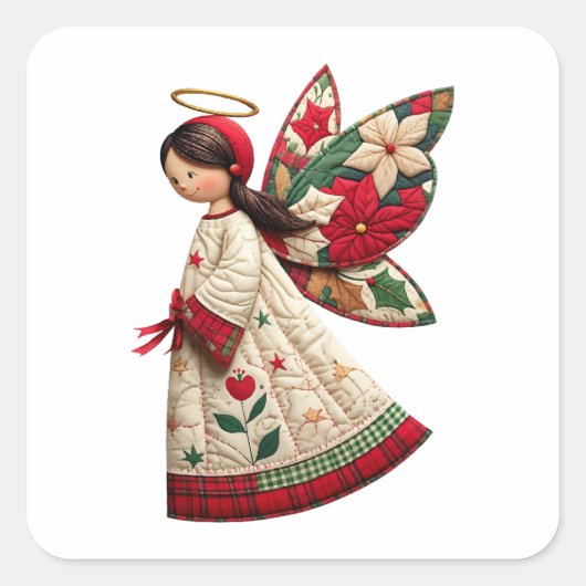 Kerstengel met feestelijke bloemen vierkante sticker (Voorkant)