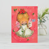 Kerstengel met fluit uit de vintage retro tijd feestdagenkaart (Staand voorkant)
