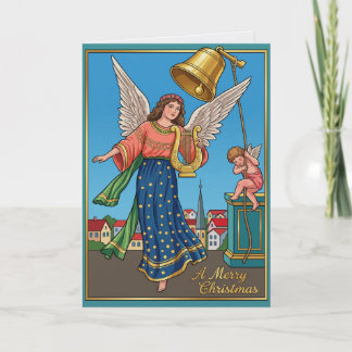Kerstengel met gouden bel en harp in vintage stijl kaart