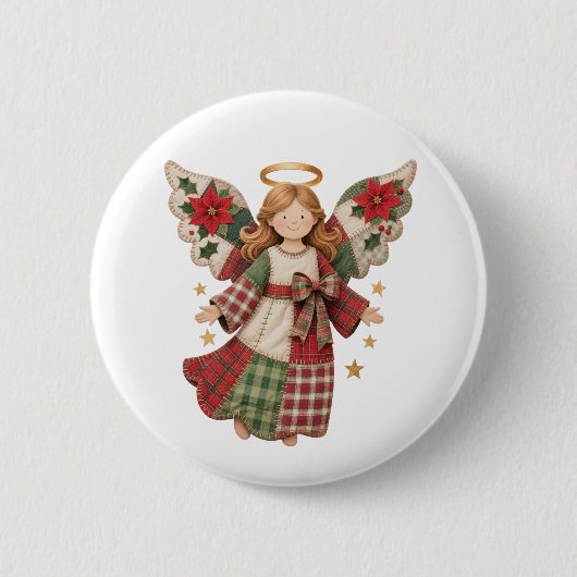 Kerstengel met Gouden Sterren Ronde Button 5,7 Cm (Voorkant)