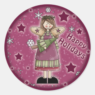 Kerstengel met kerstboom ronde sticker