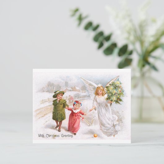 Kerstengel met kinderen feestdagenkaart (Staand voorkant)