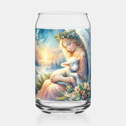Kerstengel met lam in de wintervrede blikvorm glas (Voorkant)