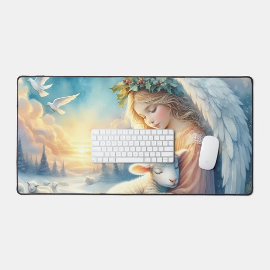 Kerstengel met lam in de wintervrede bureaumat (Keyboard & Muis)