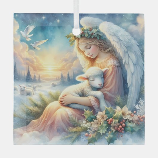 Kerstengel met lam in de wintervrede glas ornament (Voorkant)