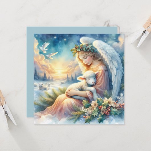 Kerstengel met lam in de wintervrede kaart (Voorkant / Achterkant in situ)