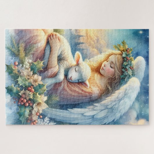 Kerstengel met lam in de wintervrede legpuzzel (Horizontaal)