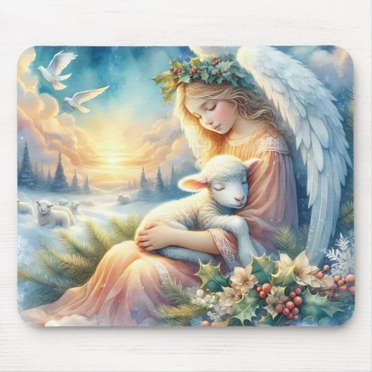 Kerstengel met lam in de wintervrede muismat (Voorkant)