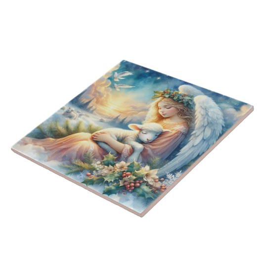 Kerstengel met lam in de wintervrede tegeltje (Zijkant)