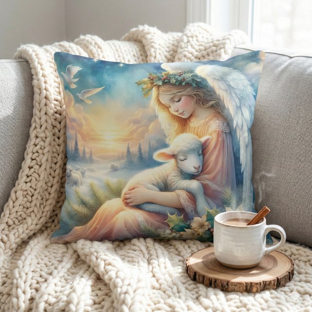 Kerstengel met lam in wintervrede kussen (Christmas Angel with Lamb in Winter Peace Throw Pillow Mockup A)