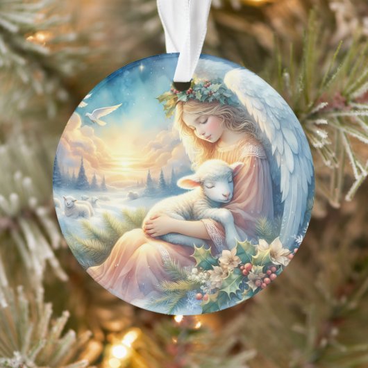 Kerstengel met lam in wintervrede ornament (Boom)