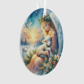 Kerstengel met lam in wintervrede ornament (voorkant)