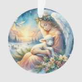 Kerstengel met lam in wintervrede ornament (voorkant)