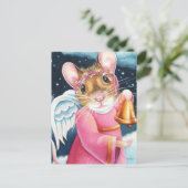 kerstengel Mouse Ringing Bell Waterverf Art Briefkaart (Staand voorkant)