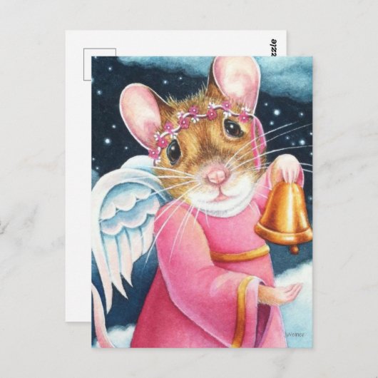 kerstengel Mouse Ringing Bell Waterverf Art Briefkaart (Voorkant / Achterkant)