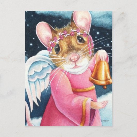 kerstengel Mouse Ringing Bell Waterverf Art Briefkaart (Voorkant)