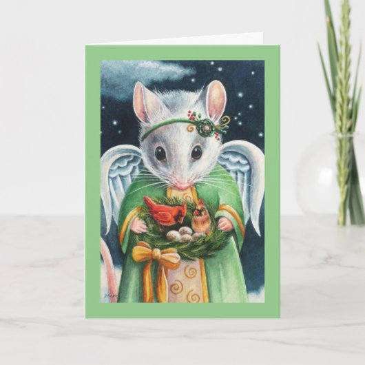 Kerstengel Muis & Kardinalen Aquarel Kunst Kaart (Voorkant)