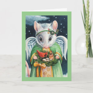 Kerstengel Muis & Kardinalen Aquarel Kunst Kaart