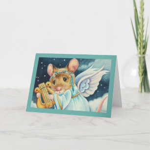 Kerstengel Muis Speelt op Lier Watercolor Kunst Kaart