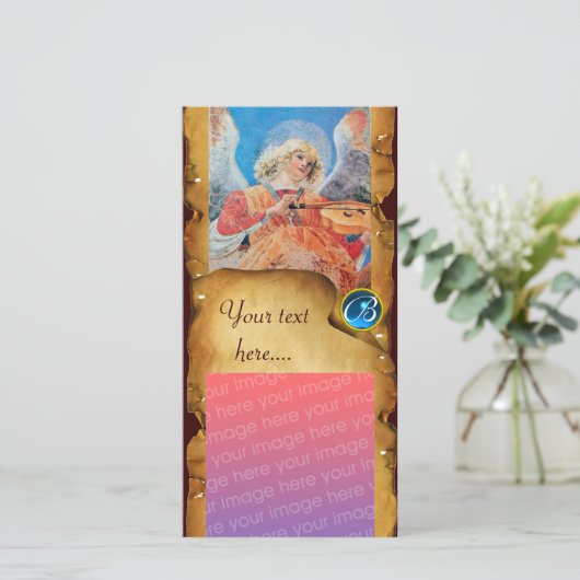 KERSTENGEL PARCHMENT saffier Monogram Feestdagenkaart (Staand voorkant)