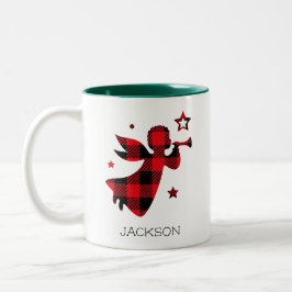Kerstengel Rood Buffalo Geruite Gepersonaliseerde Tweekleurige Koffiemok