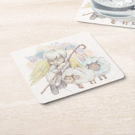 Kerstengel Shepherd met lammeren Kartonnen Onderzetters (Schuin)