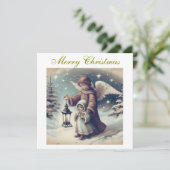 Kerstengel uit de oude doos, kind en vogels feestdagenkaart (Staand voorkant)