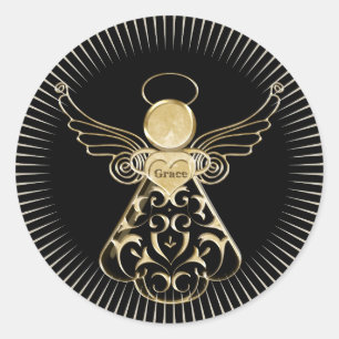 Kerstengel van Grace Filigree Black en Gold Ronde Sticker