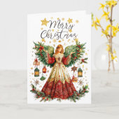 Kerstengel & verlichte lantaarns Prettig Kerstfees Kaart (Gele Bloem)