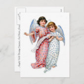 Kerstengelen in roze en blauw feestdagenkaart (Voorkant / Achterkant)