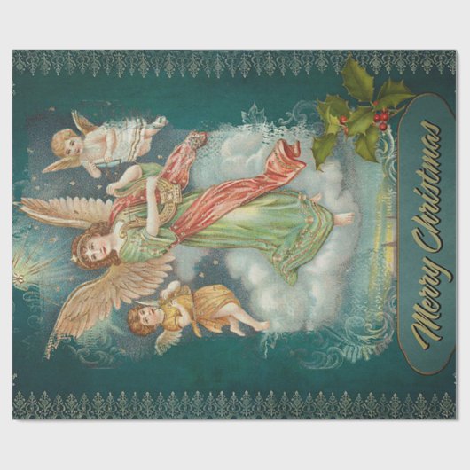 Kerstengelen Vintage Cadeaupapier (Vlak)