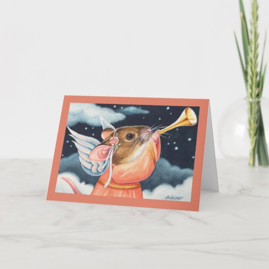 Kerstengelmuis en trompet aquarel kunst kaart (Voorkant)